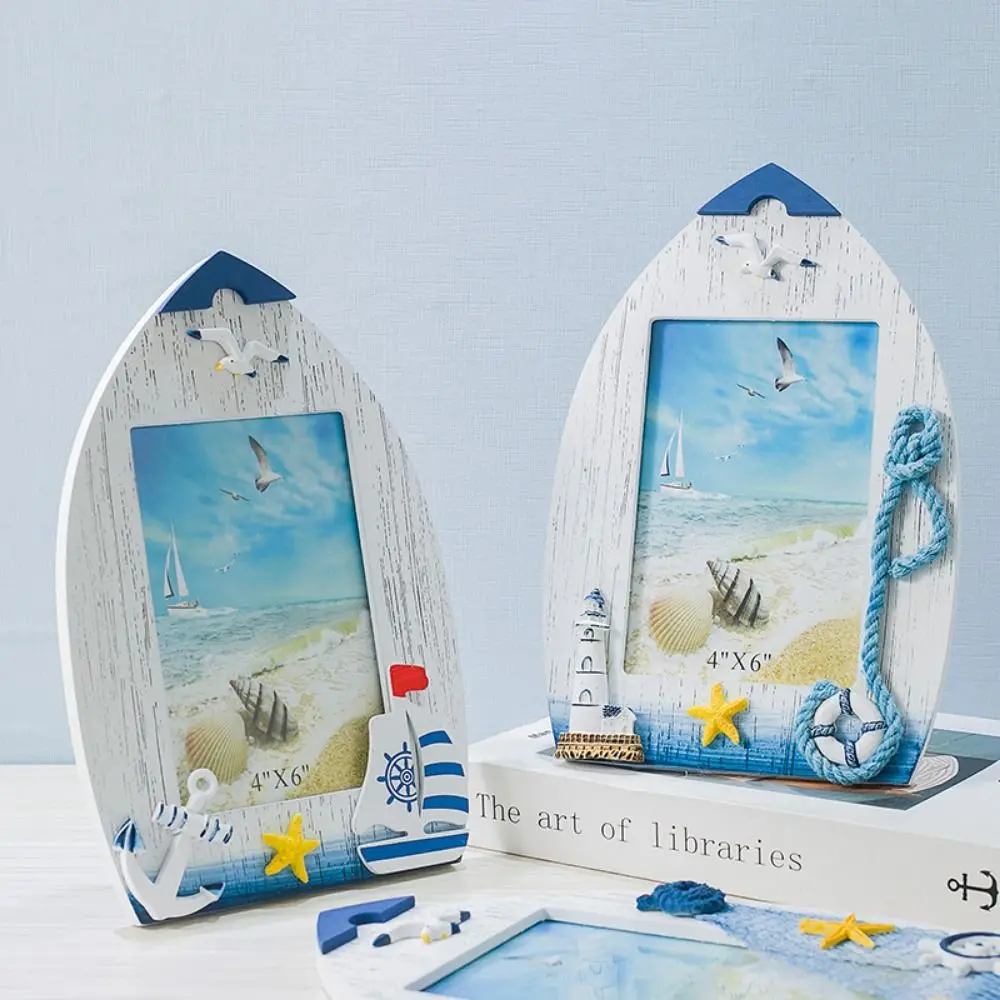 

Marine Style Ocean Photo Frame Wood Craft Handmade Marine Frame Ornaments Mediterranean Shell Wooden Frame Children's