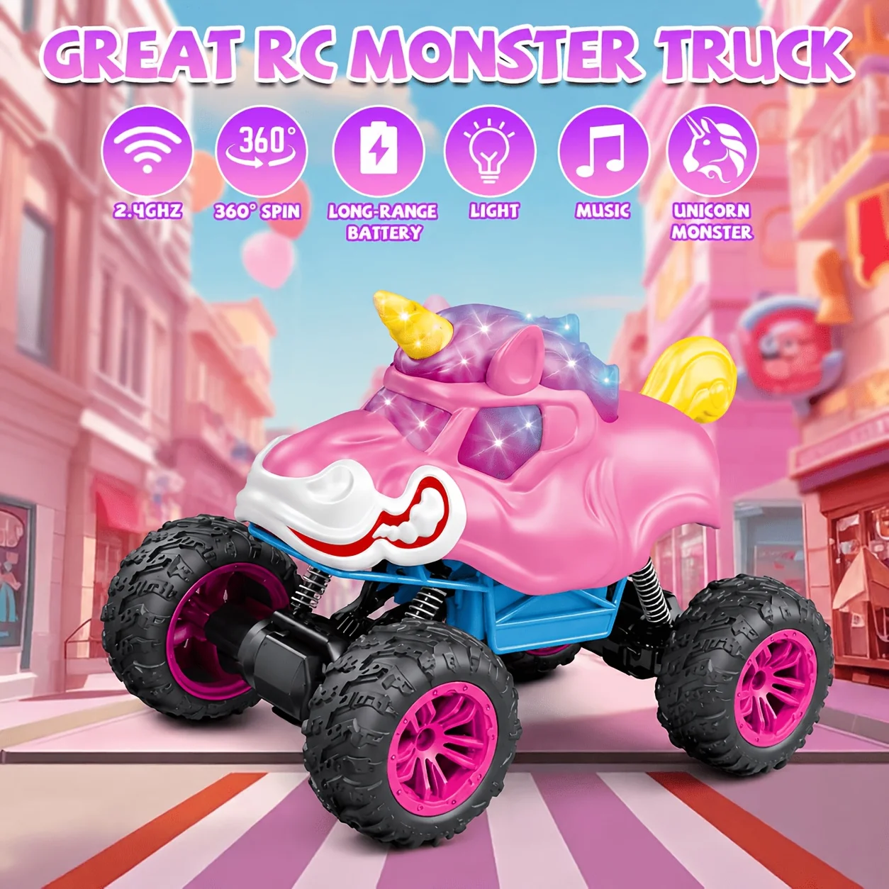 Unicorn RC Monster Truck with LED Light Music, 2.4GHz 360° Rotation Off-Road Stunt Car Kids Girls Birthday Gift