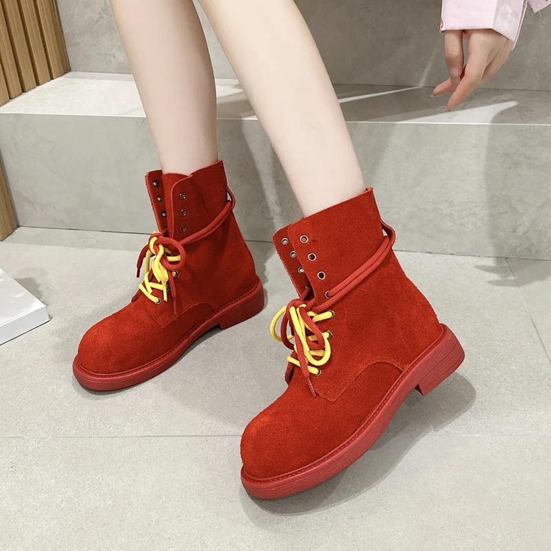 

Роскошные женские ботинки из натуральной кожи, ретро-замшевые ботильоны на шнуровке для женщин, ручной работы, на платформе, дизайнерская обувь, Botas Mujer