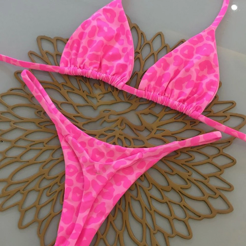 Sexy Leopard Print Patchwork Halter Bikini Set 2025 New Swimwear Women's Swimsuit Beachwear Lacing Up Bathing Suit