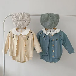 Autumn Winter Toddler Baby Girl Knitting Clothes Suit Handmade Cardigan Sweater+Jumpsuit Newborn Baby Girls Clothing Set