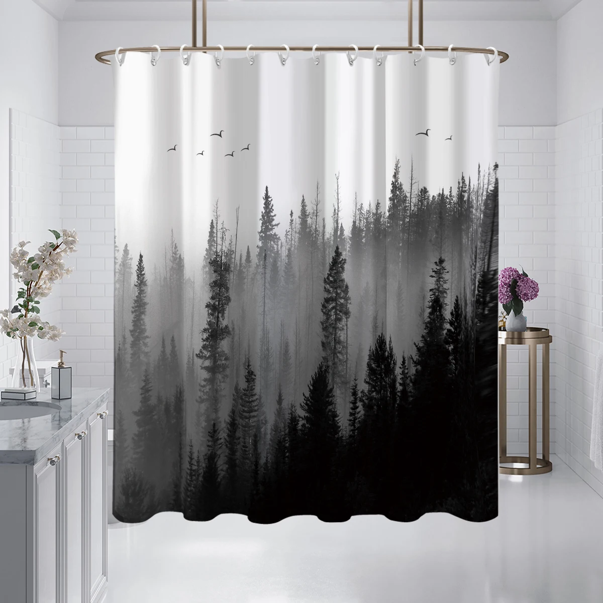 1 piece of 180x180cm natural scenery mist forest printed shower curtain partition, bathroom waterproof and mold resistant