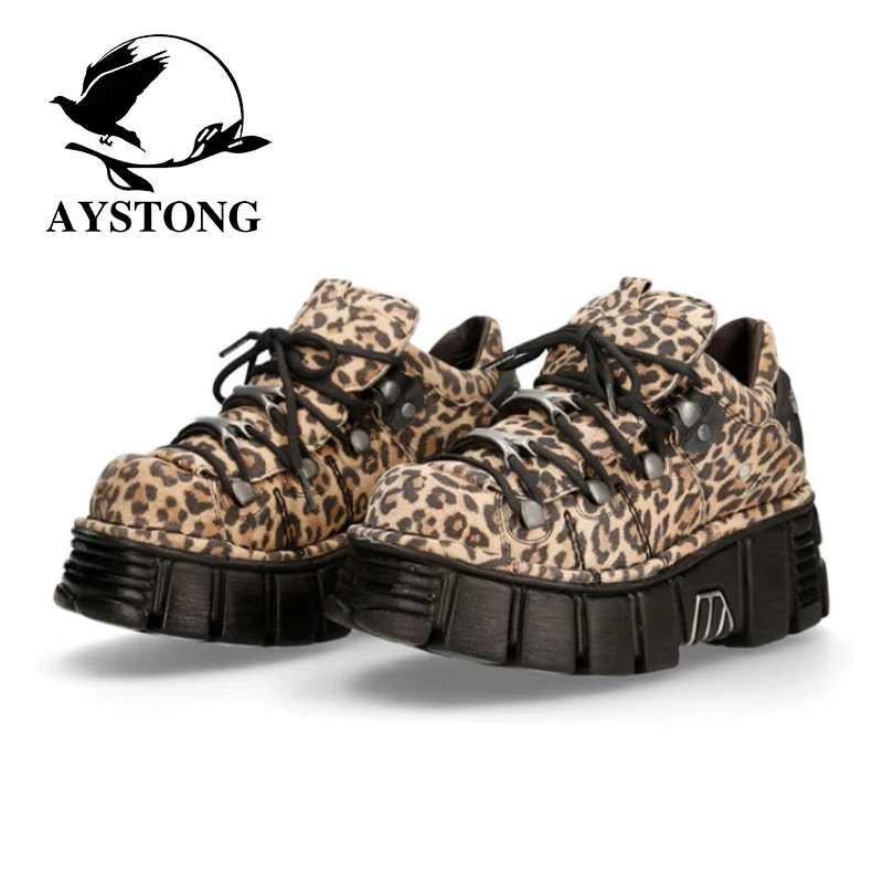 

Thick Bottom Platform Boots Punk Style High Top Shoes Women's Gothic Motorcycle Style Shoes Leopard Print Casual Shoes