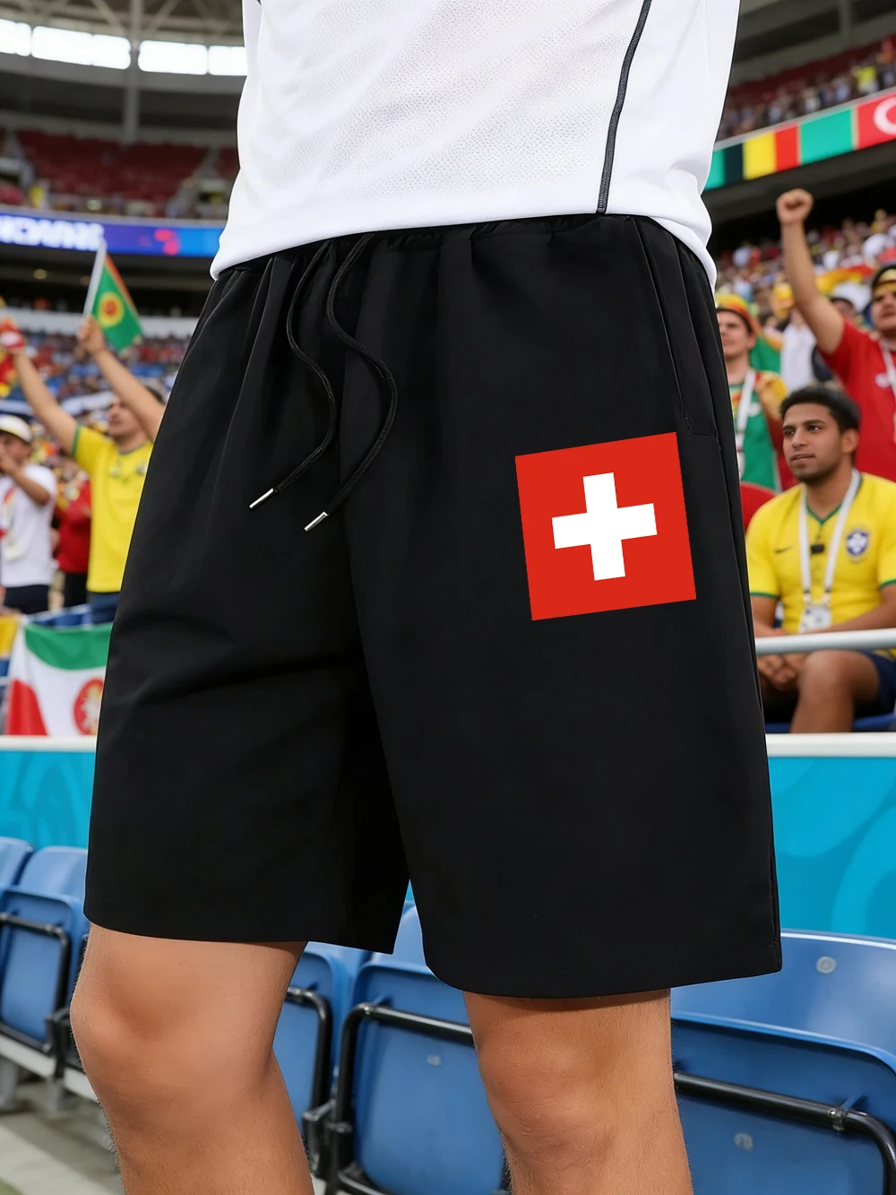 

Switzerland Flag Prints Pants Mens Sporty Pocket Wide Knee Length Shorts Basics High Waisted Shorts Summer Oversized Clothes
