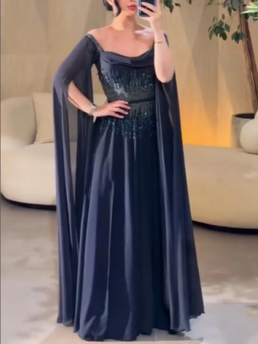 Saudi Arabia Elegant cloak gown Long Sleeve A-line Bead string evening dress vestidos de fiesta elegantes 2024 فساتين سهرات