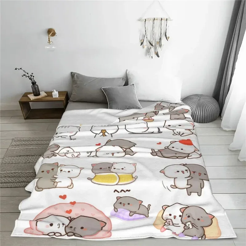 Cute Peach And Goma Blanket Cartoon Mochi Cat Flannel Throw Blankets Summer Air Conditioning Personalised Soft Warm Bedspreads