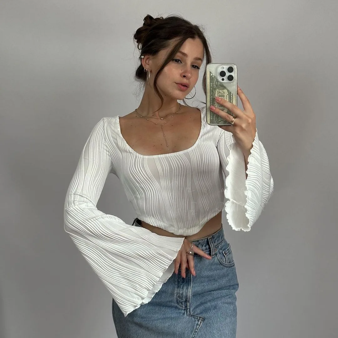 Cryptographic Asymmetric Flare Sleeve Texture Square Neck Tops for Women Fashion Sexy Slim Cropped Tops Pullover Fall Clothes