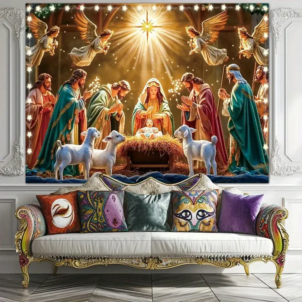 Nativity Scene Starry Night Tapestry Religious Manger Scene Tapestry Wall Hanging Traditional Christmas Birthday Wall Decoration