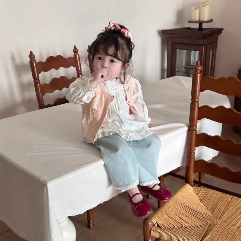 

Жилеты для маленьких девочек, осень-весна 2024, винтажные мягкие удобные жаккардовые хлопковые короткие розовые однотонные жилеты с цветочным принтом