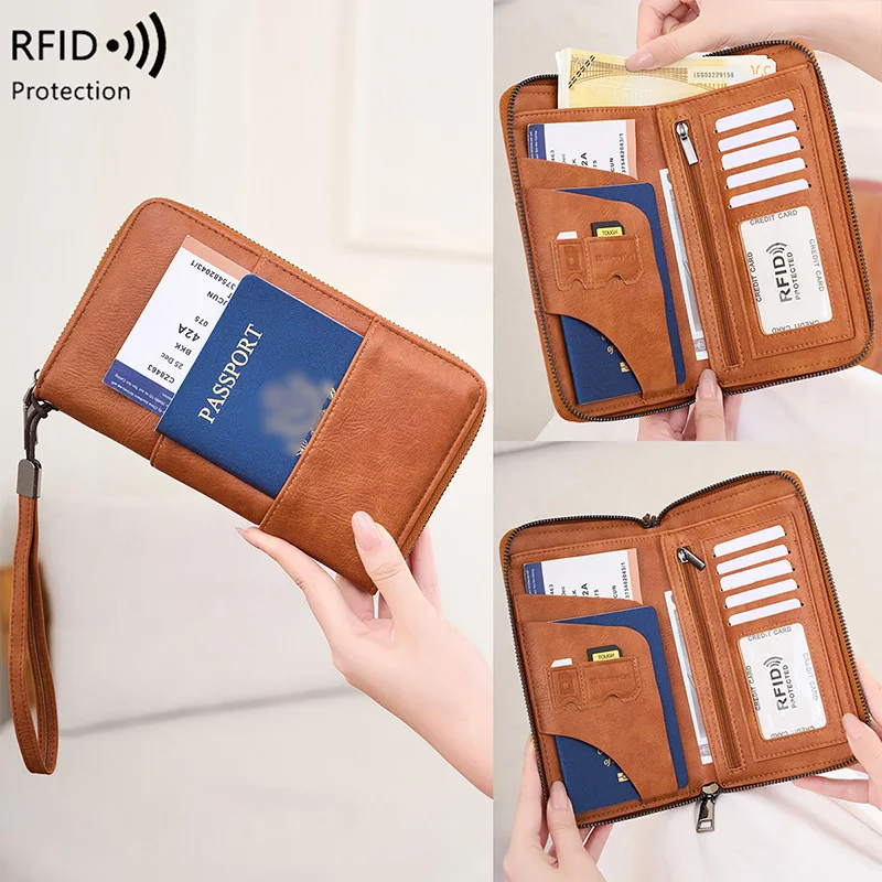 1pcs RFID Blocking PU Leather Passport Wallet with Zipper Multi-Function Travel Document Organizer for Cards Tickets Money