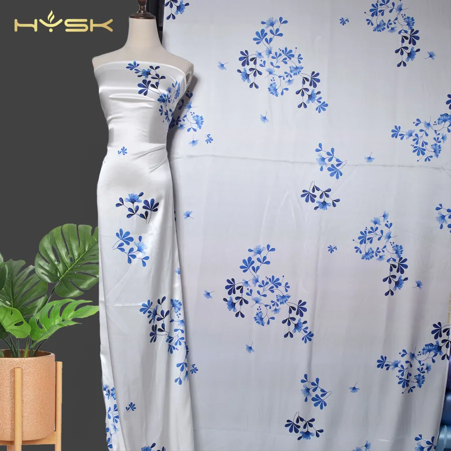 

HYSK natural silk satin fabric china floral print 19mm thick natural soft crepe de chine non-toxic textile meter for dress E3099