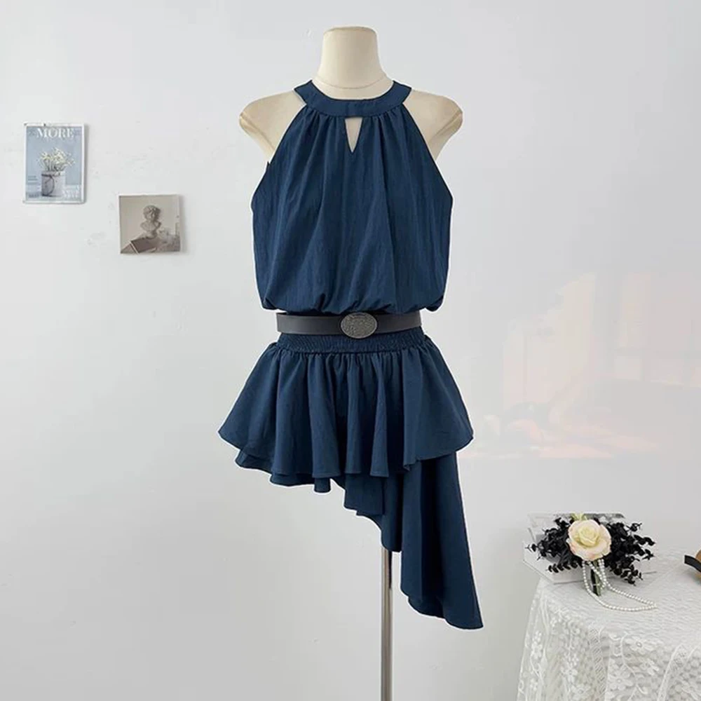 

French irregular neck off-the-shoulder dress women's summer 2025 ruffle edge pleated waist thin A-word short skirt
