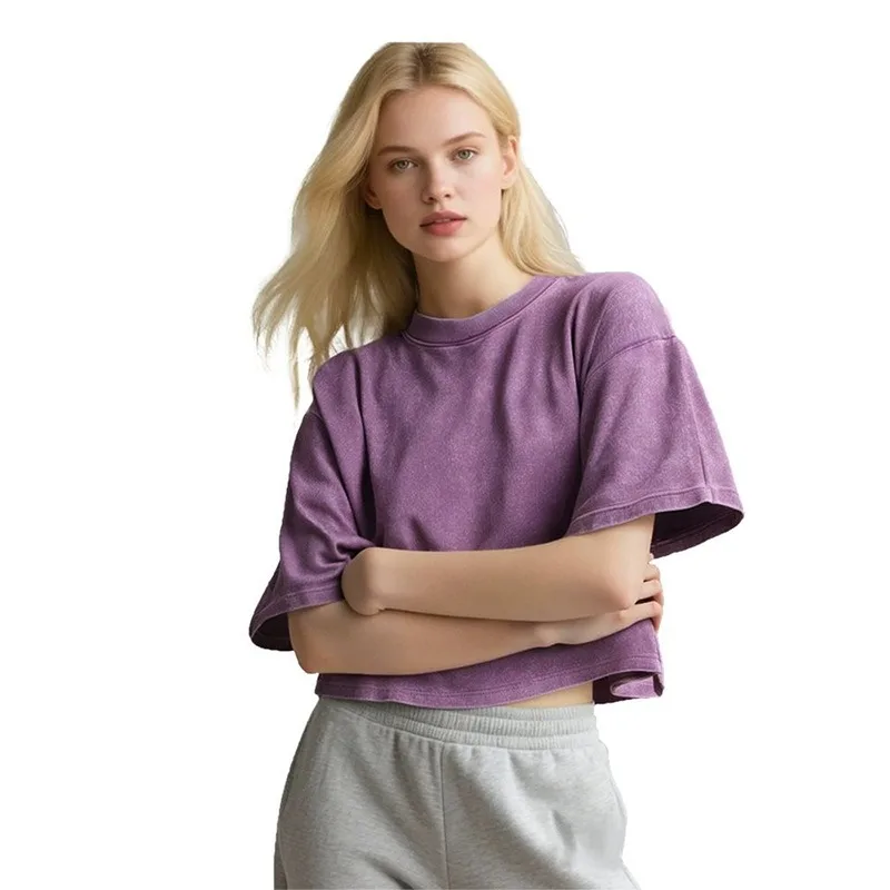 Short Women Clothing Distressed Washed T-shirt Trendy Brand Stir-fried Snowflake Pure Cotton 240g Crop Top Short-sleeved T-shirt