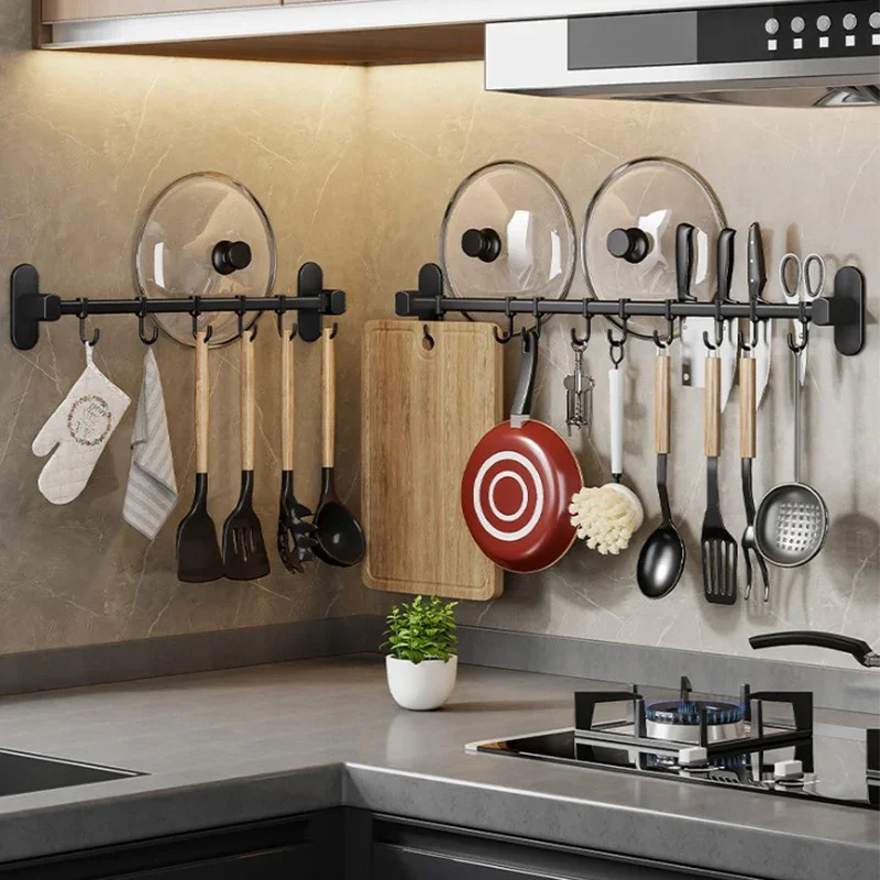 Kitchen Hook Rack Without Punching Spoon Spatula Hanging Storage Shelf Wall-mounted Knife Holder Kitchen Utensil Organizer