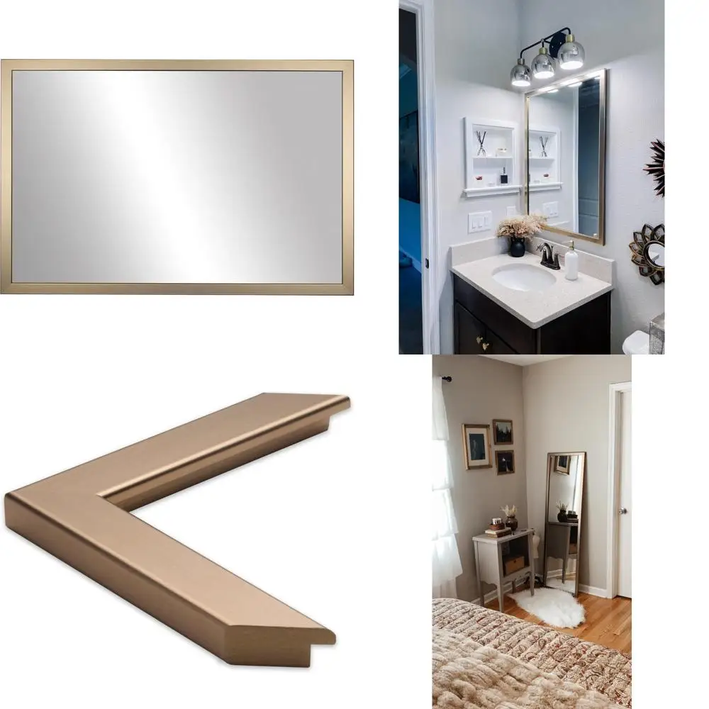 مرآة زينة مثبتة على الحائط برونزية شامبانيا مقاس 28 × 60 بوصة، مرآة حمام بإطار ذهبي، صنع في الولايات المتحدة الأمريكية، خيار تعليق أفقي #1