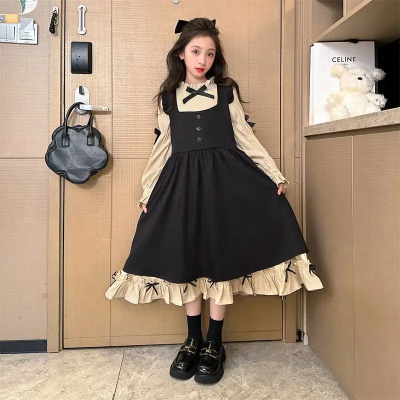 Teen Girls Dress Spring Autumn New Kids Party Clothes Children Stylish Bow Long Sleeve Splicing Ruffle Hem Princess Dressess