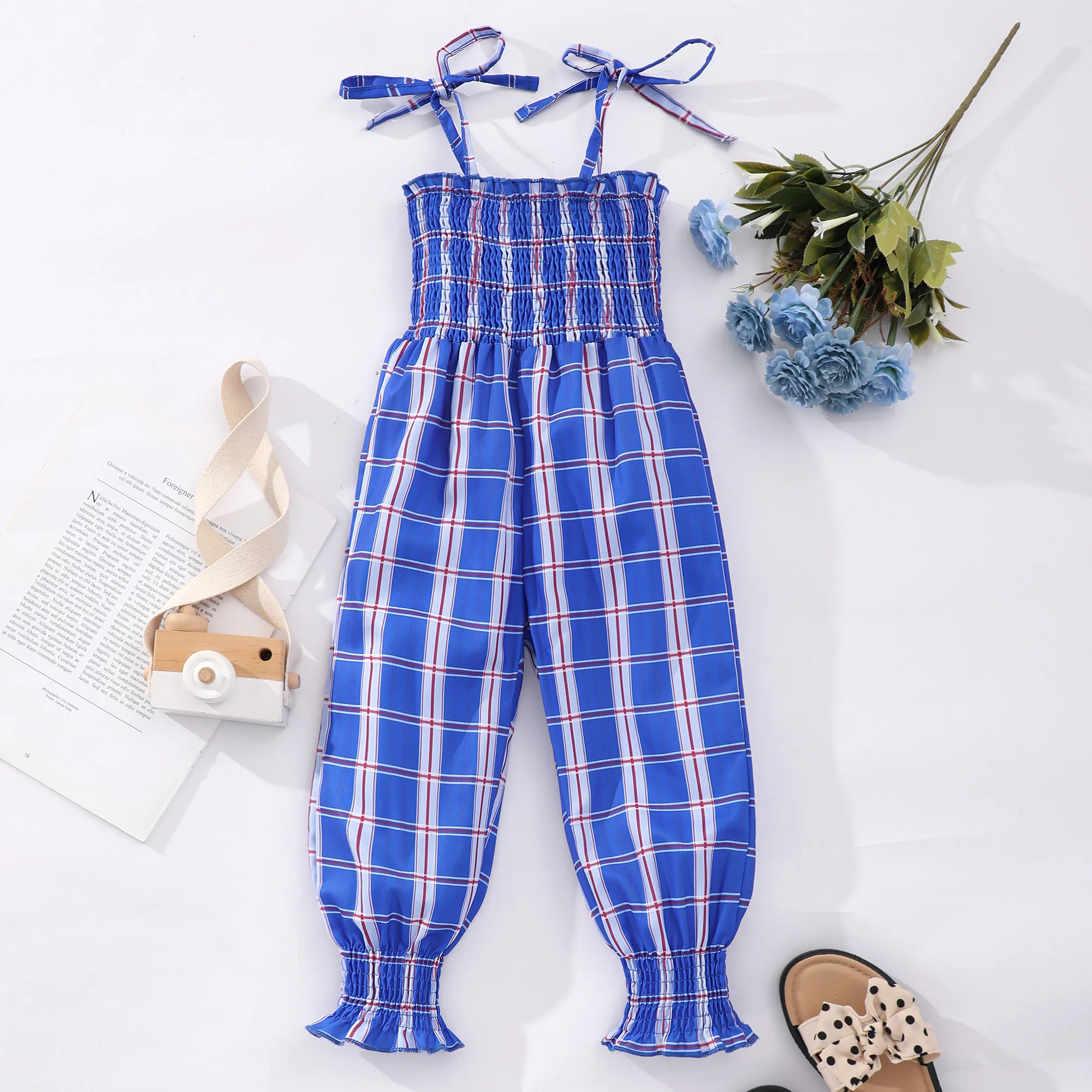 Sweet Girls Plaid Bow Decor Cami Jumpsuit Romper For Summer Party Gift