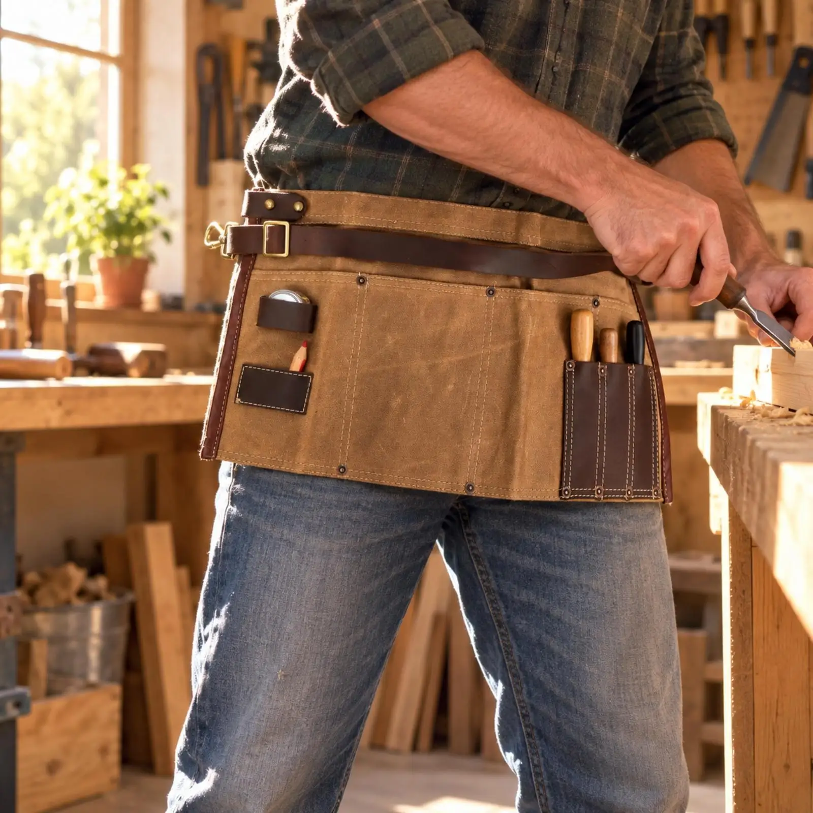 Half-Length Tool Waist Apron Reinforced Waxed Canvas Waist Tool Apron Adjustable Multi-Pocket for Woodworking, Repairs