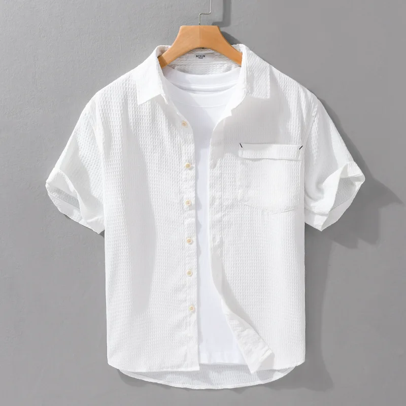 

Summer Men's Simple Versatile Short Sleeve Shirt Waffle Comfortable Breathable Fresh Business Casual 24ss Y2k Youth Male Tops