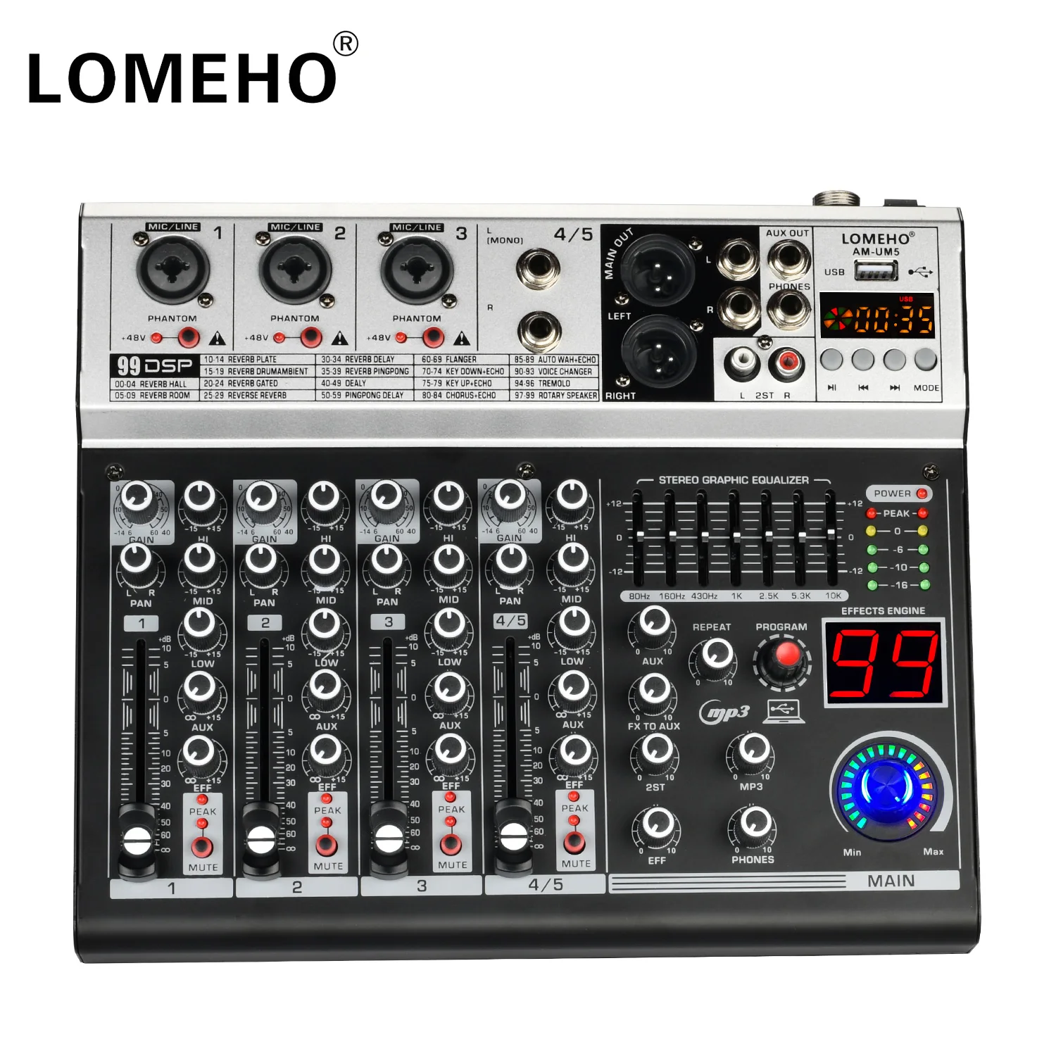 

LOMEHO 99 Effect Mixer Audio 5 Channels 7 EQ USB PC Record 48V Mixing Console with Bluetooth for Party Theater Karaoke AM-UM5