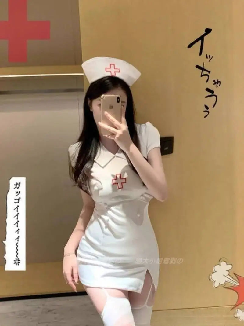 Sexy Nurse Uniform Dress Casaul Cosplay Doctor Role Play Pure Desire Style Nightclub Wear Button Solid Color Dress Charming WKKJ