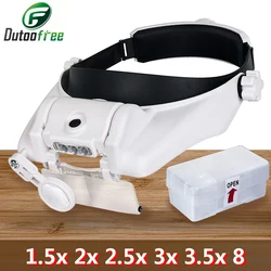 3LED Head-Mounted Illuminating Microscope Headband Repair LED Lamp Light Magnifying Glass with 1.5x 2x 2.5x 3x 3.5x 8 Magnifier