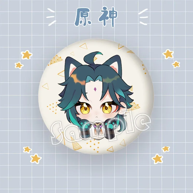 58mm Game Impact Brooch Cat Pins Anime Badge Cosplay Albedo Xiao Zhongli Accessories Tinplate Brooches For Clothes Bag Gift