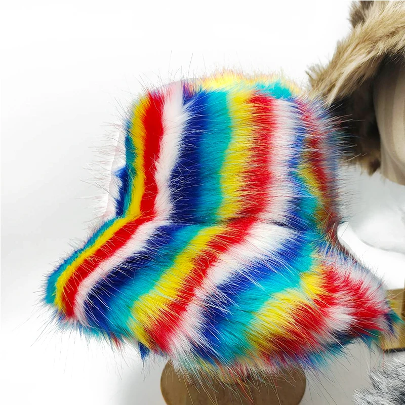 Rainbow Stripe Fluffy Artificial Fur Women\'s Hat Luxury Plush Bucket Hat Winter Warm Fisherman Hat Personalized Basin Hat