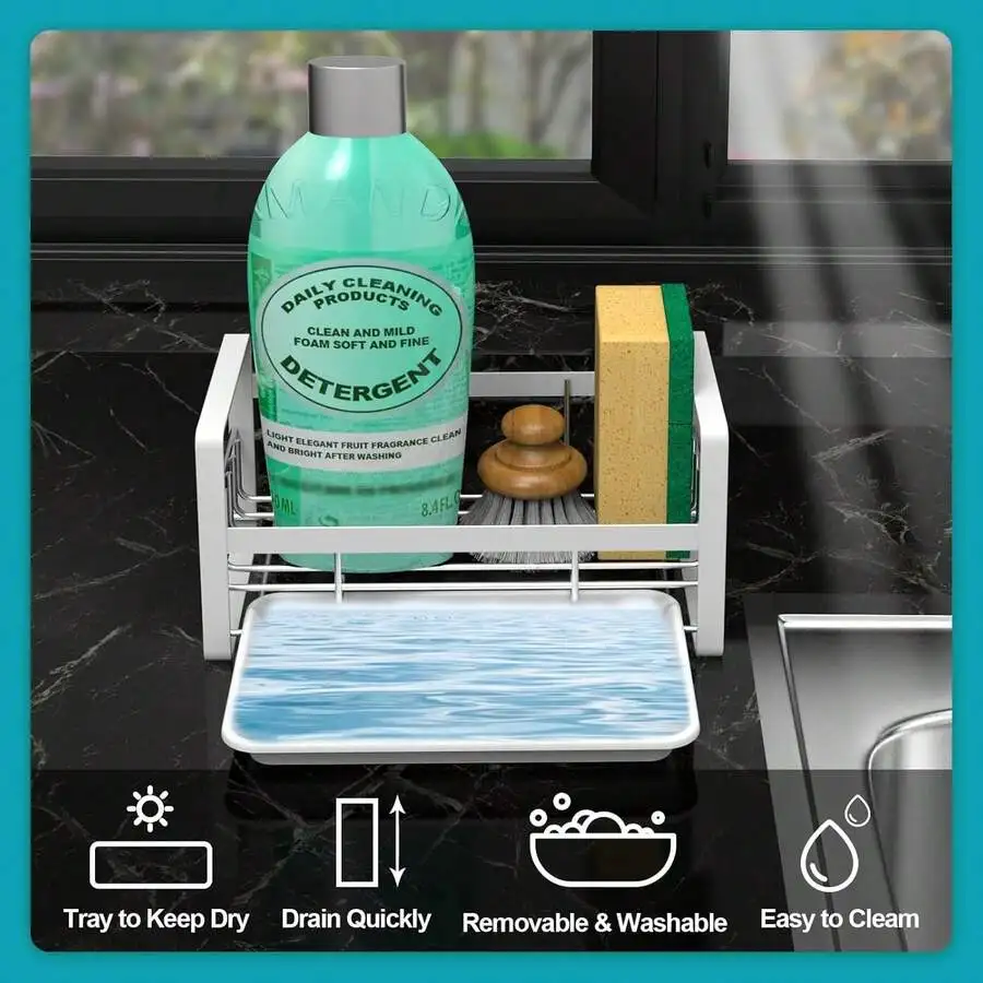 Kitchen Sink Organizer With Sponge Holder And Brush Rack Adhesive Or Countertop Mount
