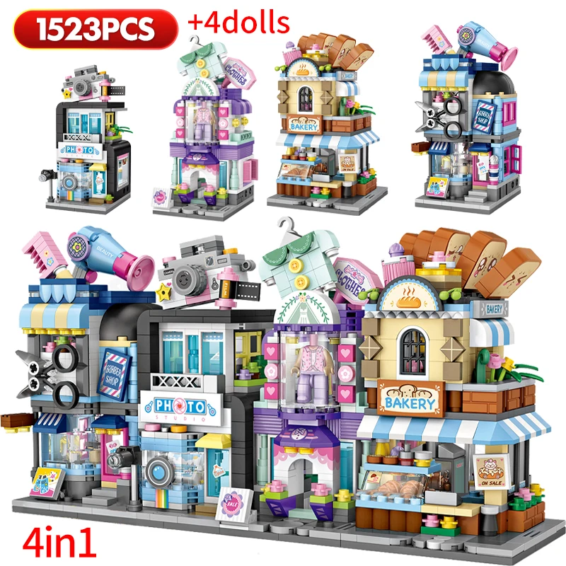 1523pcs 4 in 1 Mini-Stadt kommerzielle Straßen ansicht Shop Bausteine Freunde Bäckerei Geschäft Figuren Ziegel Spielzeug für Kinder Geschenke