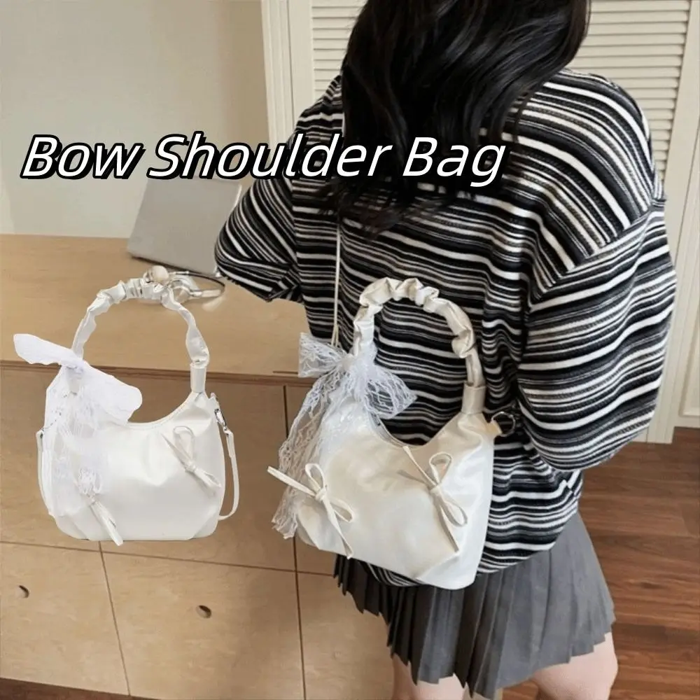 Bolso de noche portátil de nube, bolso de hombro de PU con lazo plisado Beige, cinta de encaje, bolso de axila de estilo coreano para uso diario