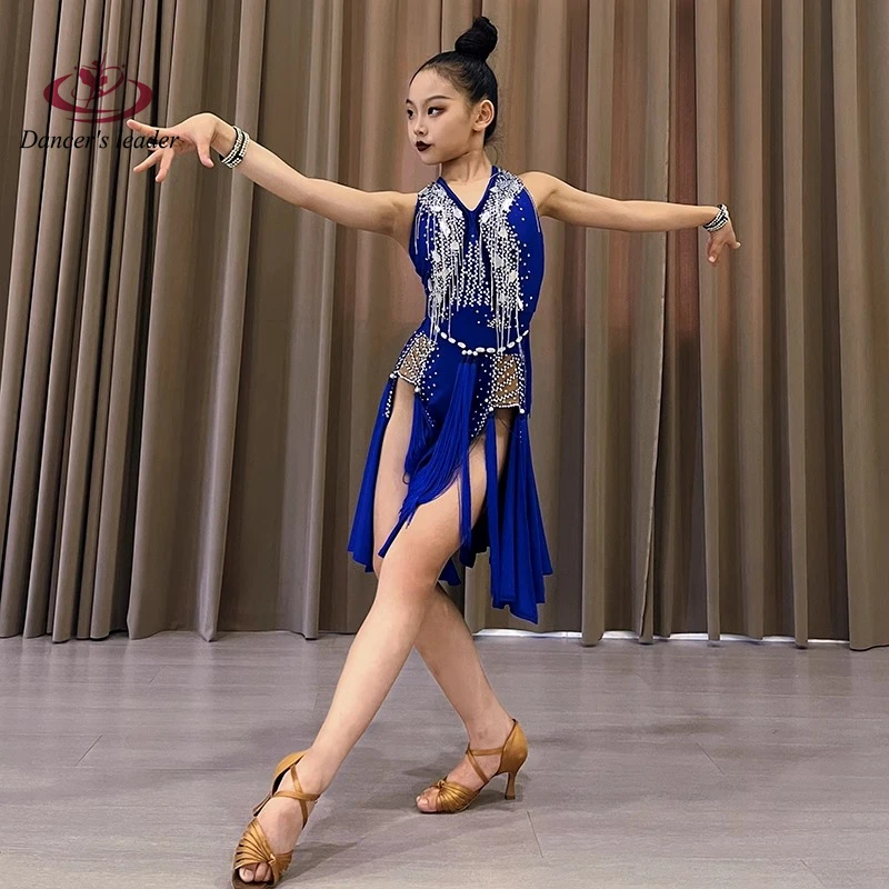 ラテンダンス衣装ラインストーンガール大人と子供ハイエンドカスタマイズされたネイビーブルースプリットスカートサンバパフォーマンスドレス