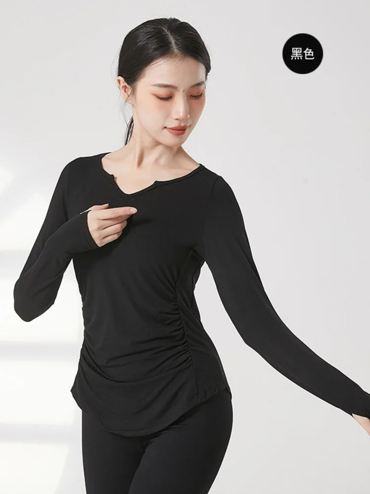 Long Sleeves Kpop Stage Costume Latin Dance Women Tops Line Jazz Solid Color Chinese Folk Classic Pleated Female T-shirt