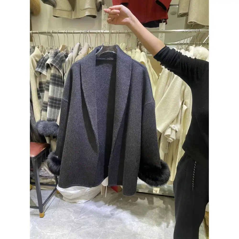 Elegant OL Office Lady Overcoats Fur Patchwork Long Sleeve Woolen Coat Beautiful Women's Clothing Jacket Autumn 2026 Winter