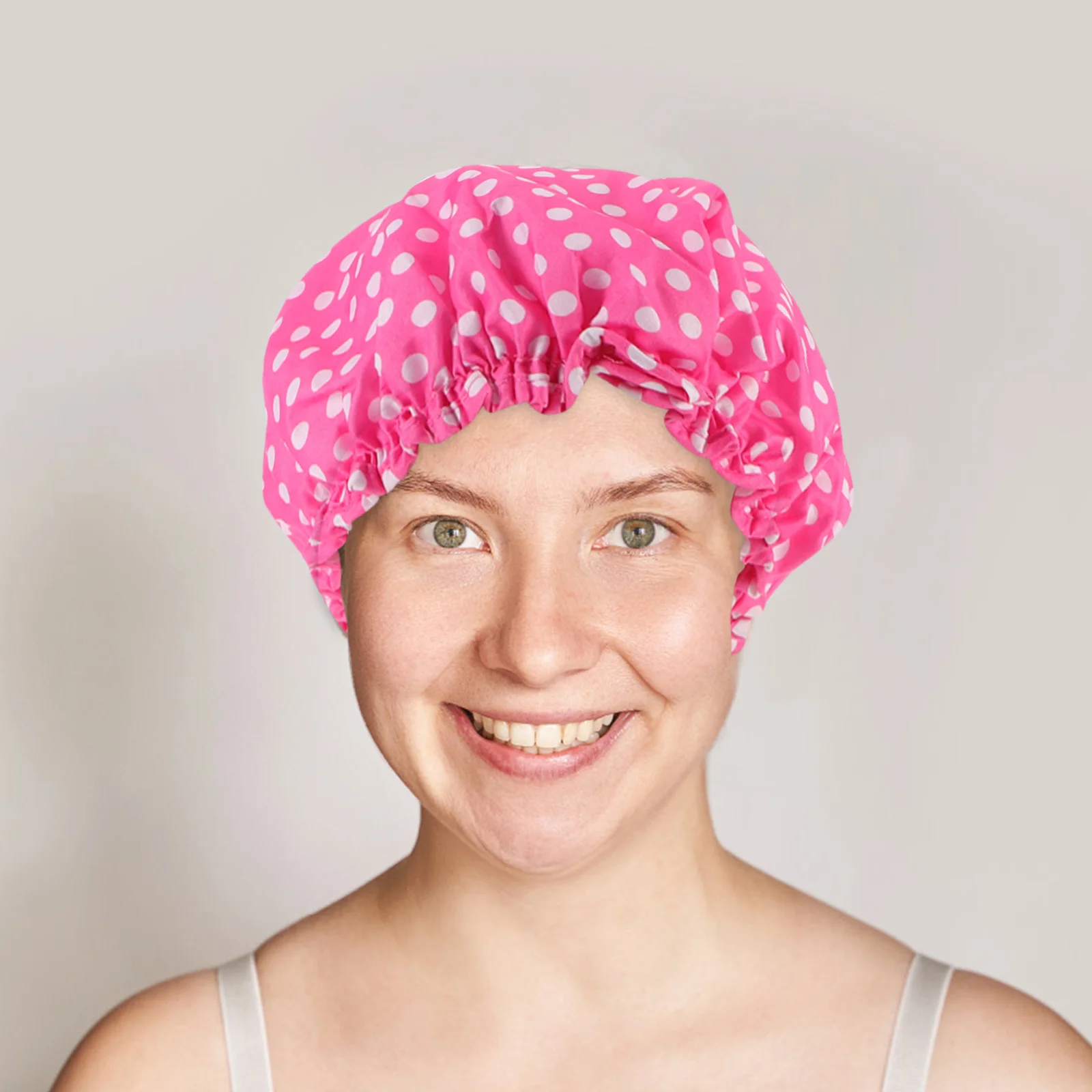 

2Pcs Double Layer Waterproof Bath Cap for Women Dots Print Elastic Reusable Shower Hat Hair Protection Daily Spa Use