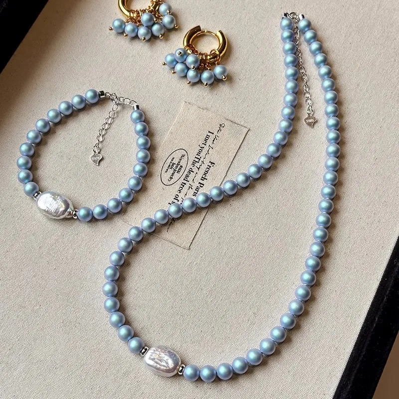 

Austrian Blue Crystal Pearl earrings Necklace Bracelet Women's suit plata 925 Exquisite Baroque Fashion Banquet Jewelry Gift