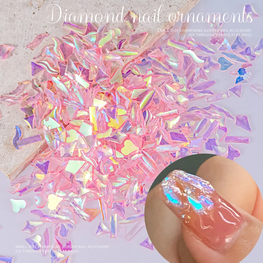 100pcs Pink Aurora Nail Art Charms 3D Mixed Irregular Crystal Rhinestones Nail Glass Gems Flat-Back Shiny Nail Craft Decoration#