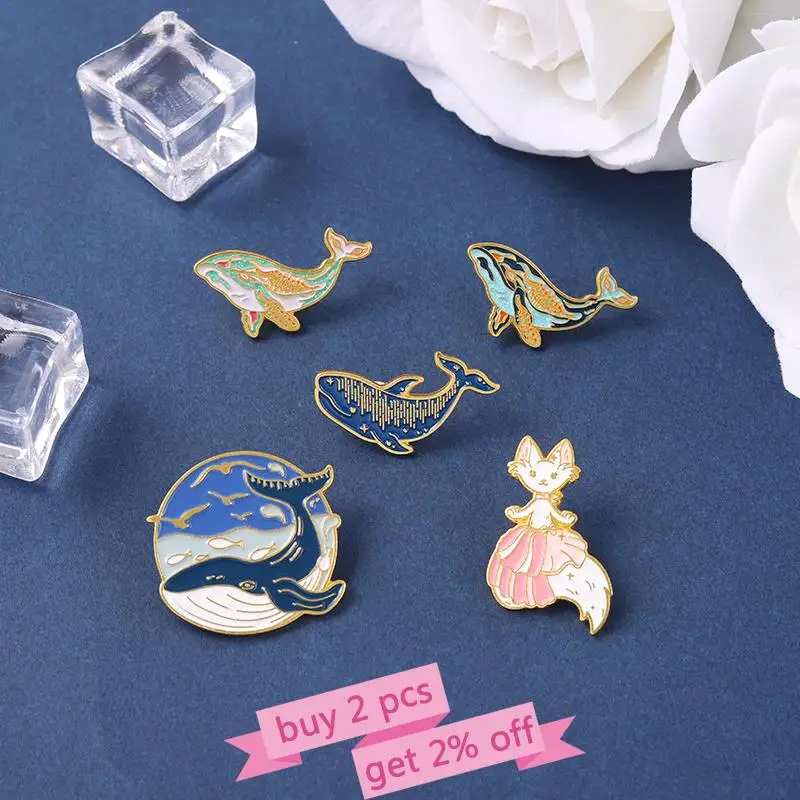 Whale Enamel Pin Dreamy Humpback Whale Brooches Cat Mermaid Aniaml Art Metal Badges Bag Clothes Pins Up Jewelry Gifts