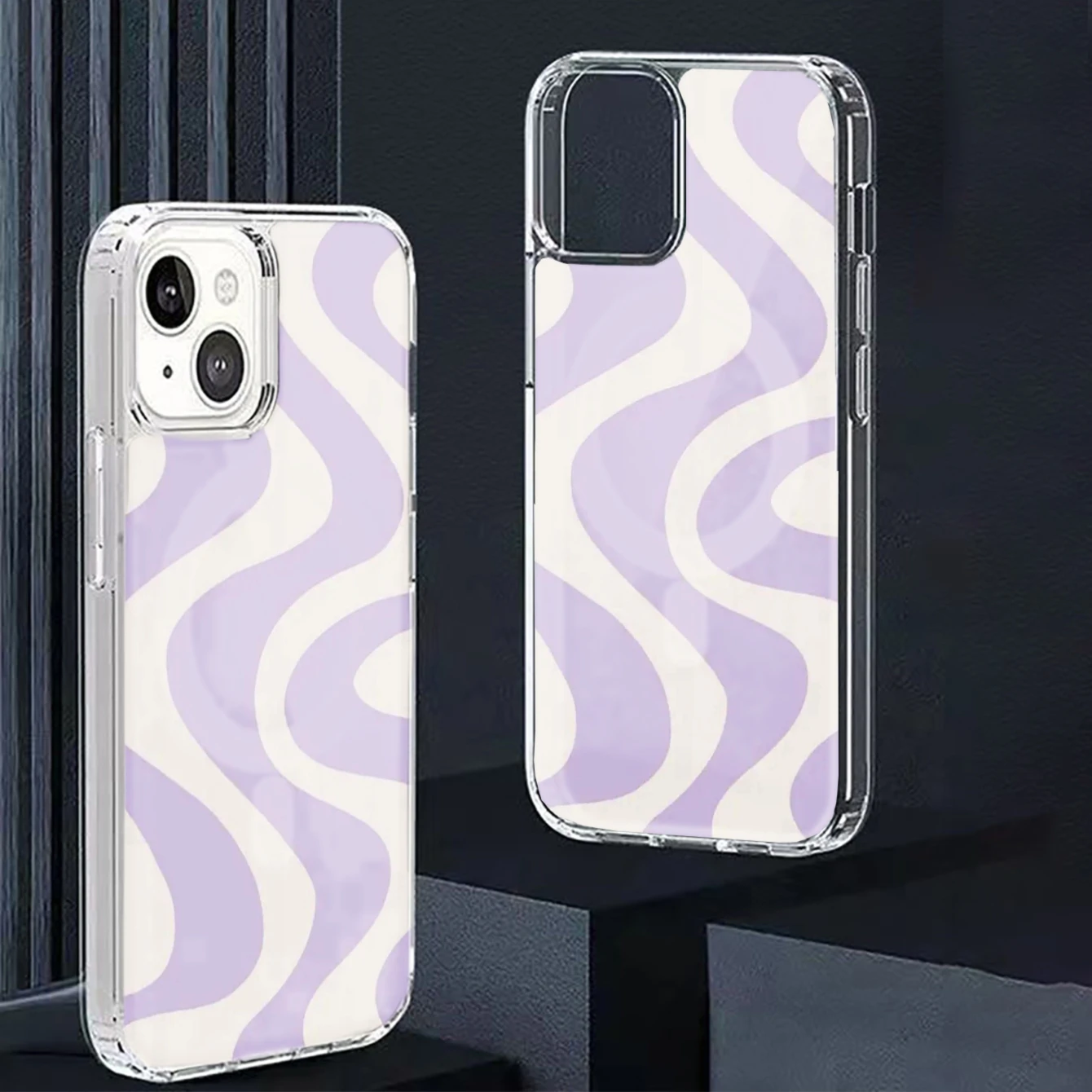 

Wave Pattern Phone Case, Clear Acrylic And Tpu Material With Magnetic Ring Design, Abstract Purple And White Swirls, High Quality Transparent Edge Protection, Ideal For Daily Use And Fashionable Style