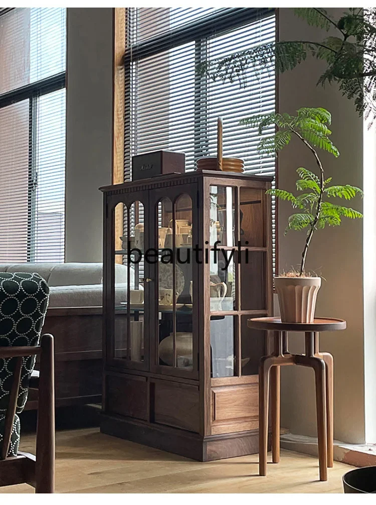 Black walnut display cabinet retro style solid wood log wine cabinet with lamp side cabinet