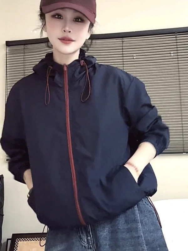Color Block Hooded Drawstring Double Sided Wear Sunscreen Outerwear Women's Spring Summer New Casual Slimming Breathable Thin...