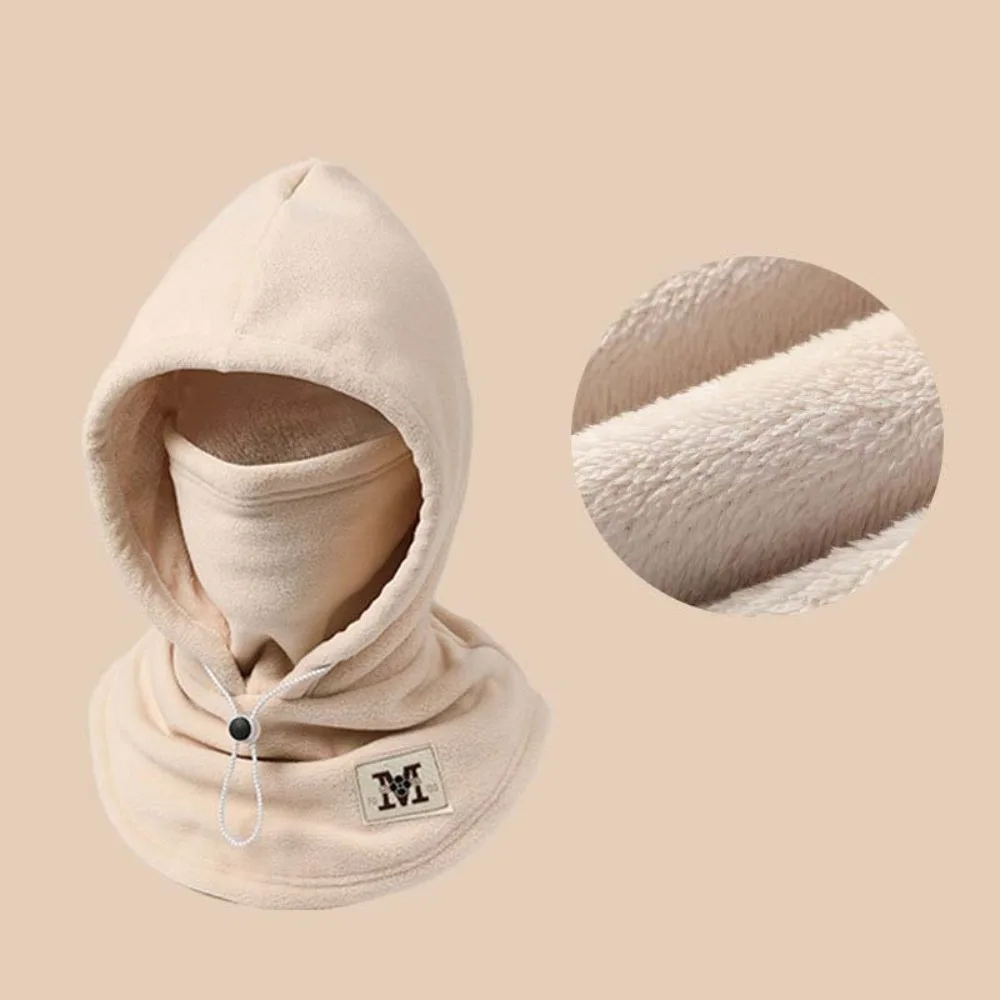 Casual Thermal Fleece Balaclava Hat Drawstring Windproof Hooded Neck Keep Warm Ear Protector Pullover Cap Hiking