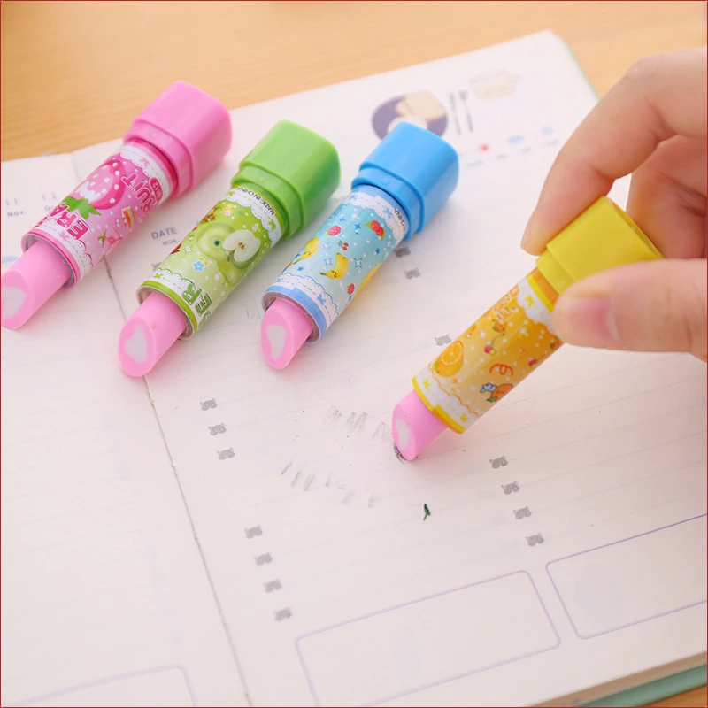 12 Pcs Creative Kids Cartoon Lipstick Fruit Pencil Erasers Student Rubber Eraser Stationery Kawaii Supplies