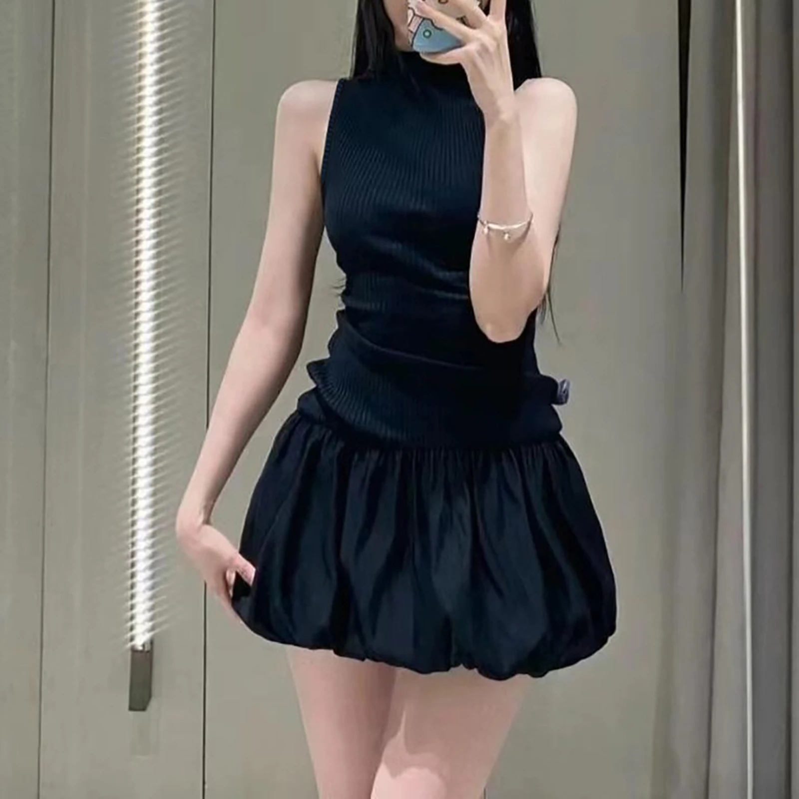 Women Tank Dress Back Hollow Drape Bubble Hem Round Neck Sleeveless  Fit Summer Casual Short Dresses