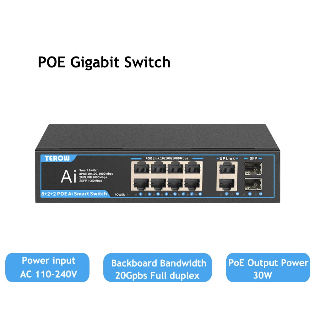 

Гигабитный коммутатор POE, 10 портов, 1000 Мбит/с, Ethernet-коммутатор, быстрый интеллектуальный сетевой коммутатор, гигабитный Plug and Play для IP-камеры, беспроводной точки доступа