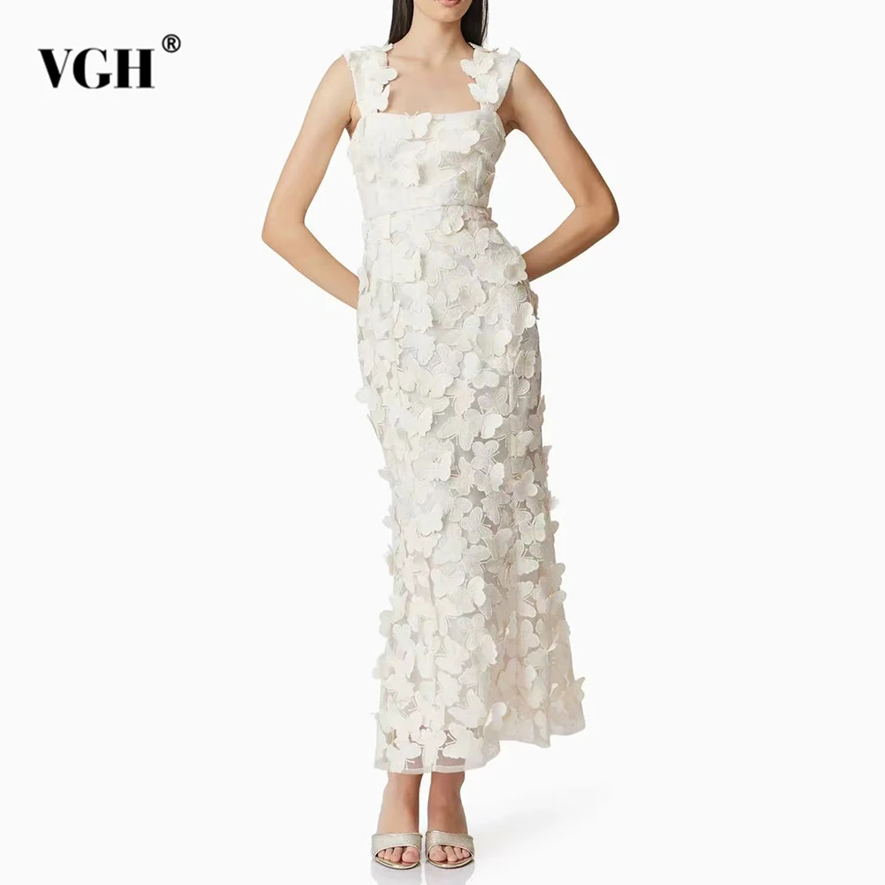 

VGH Elegant Solid Slimming Party Midi Dresses for Women Square Neck Sleeveless Patchwork Applique Evening Dress Female Summer
