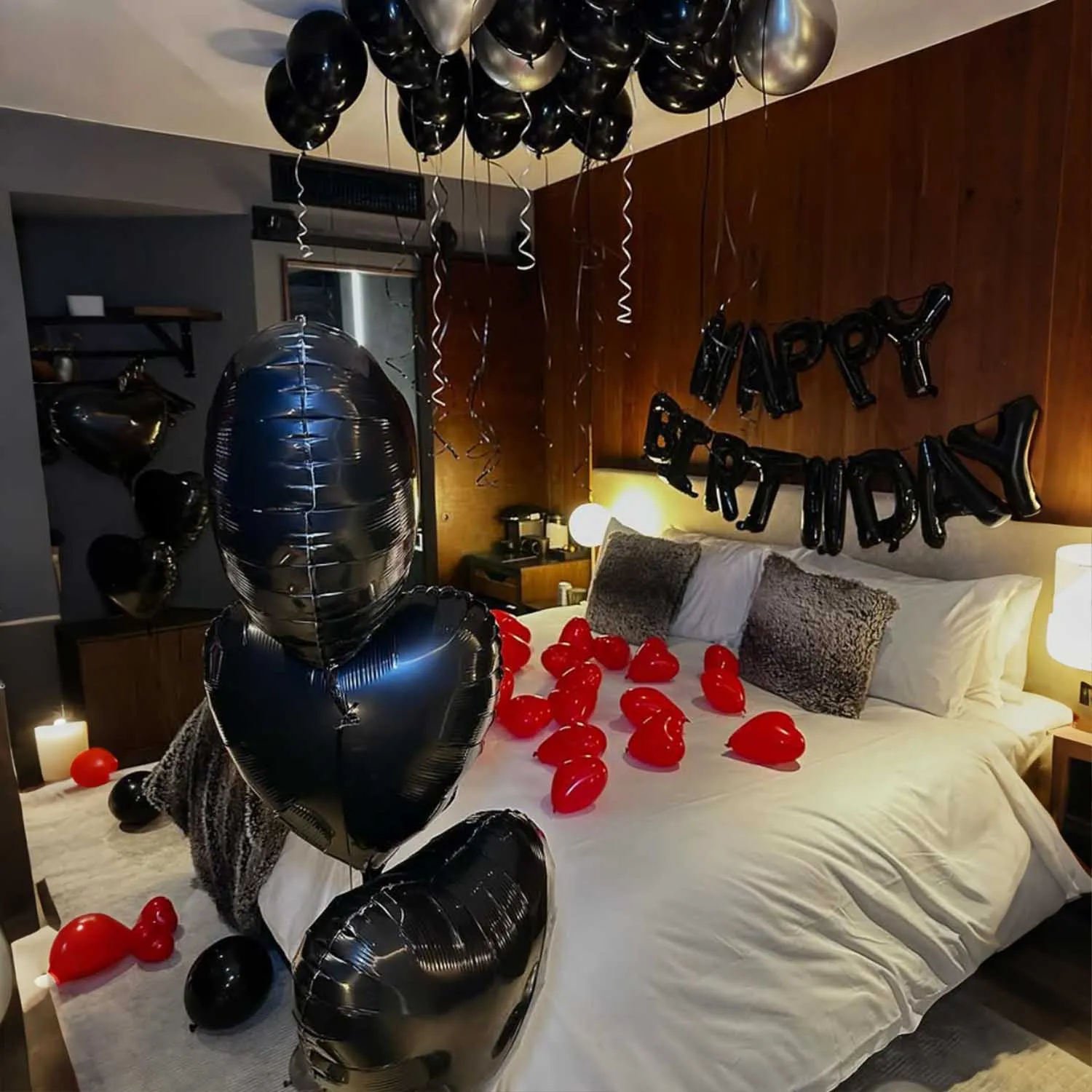 Schwarzes Geburtstags-Ballon-Set, alles Gute zum Geburtstag, Buchstaben-Aluminiumfolienballon, schwarz/roter herzförmiger Ballon, Geburtstagsparty-Dekoration