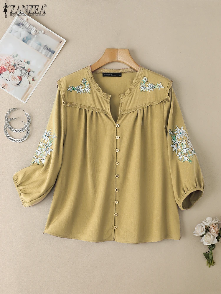 ZANZEA Camicie in cotone vintage Donna Ricamo Top Manica a 3/4 Lanterna Blusas 2025 Bottoni Scollo a V Casual OL Tuniche da lavoro Oversize