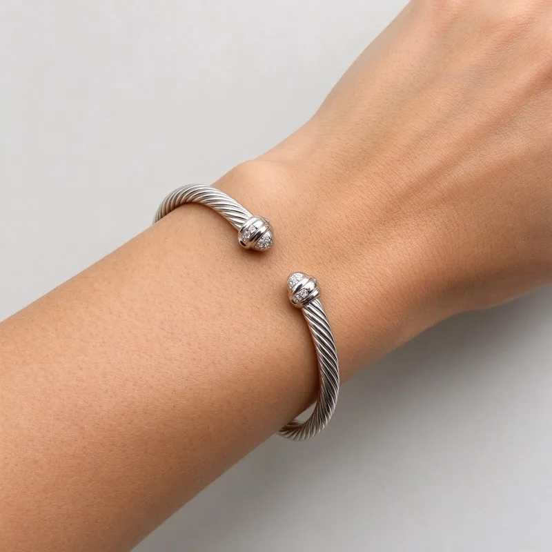 7mm Thick Twisted Cable Cuff Bracelet for Women High Quality Polished Silver Tone Alloy Diamond Pave Rounded Ends Open Bangle Bold Cable Style Jewelry for Daily Wear Party Wedding and Every Day and Christmas Birthday Bold Style Anniversary Gift for Her