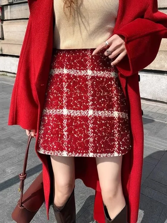 

Glitter Plaid Woolen Skirt High Waist Slim Fit A-Line Women's Spring Autumn Winter Faion Ciwalk Skirt